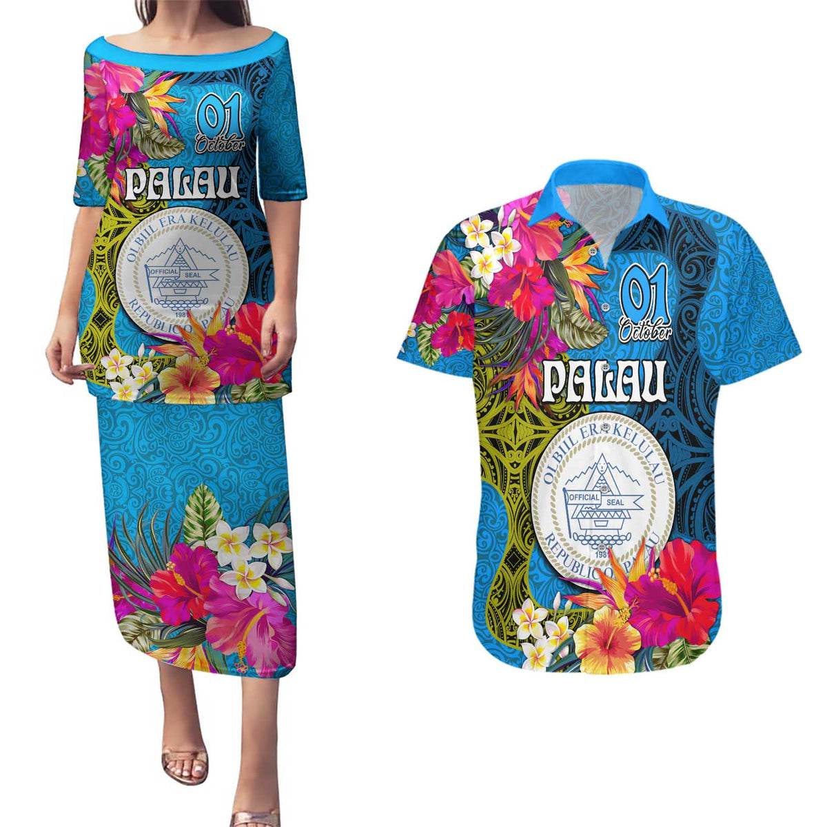 Palau Independence Day Couples Matching Puletasi and Hawaiian Shirt 1st October 30th Anniversary Polynesian Jungle Flower LT03 Blue - Polynesian Pride