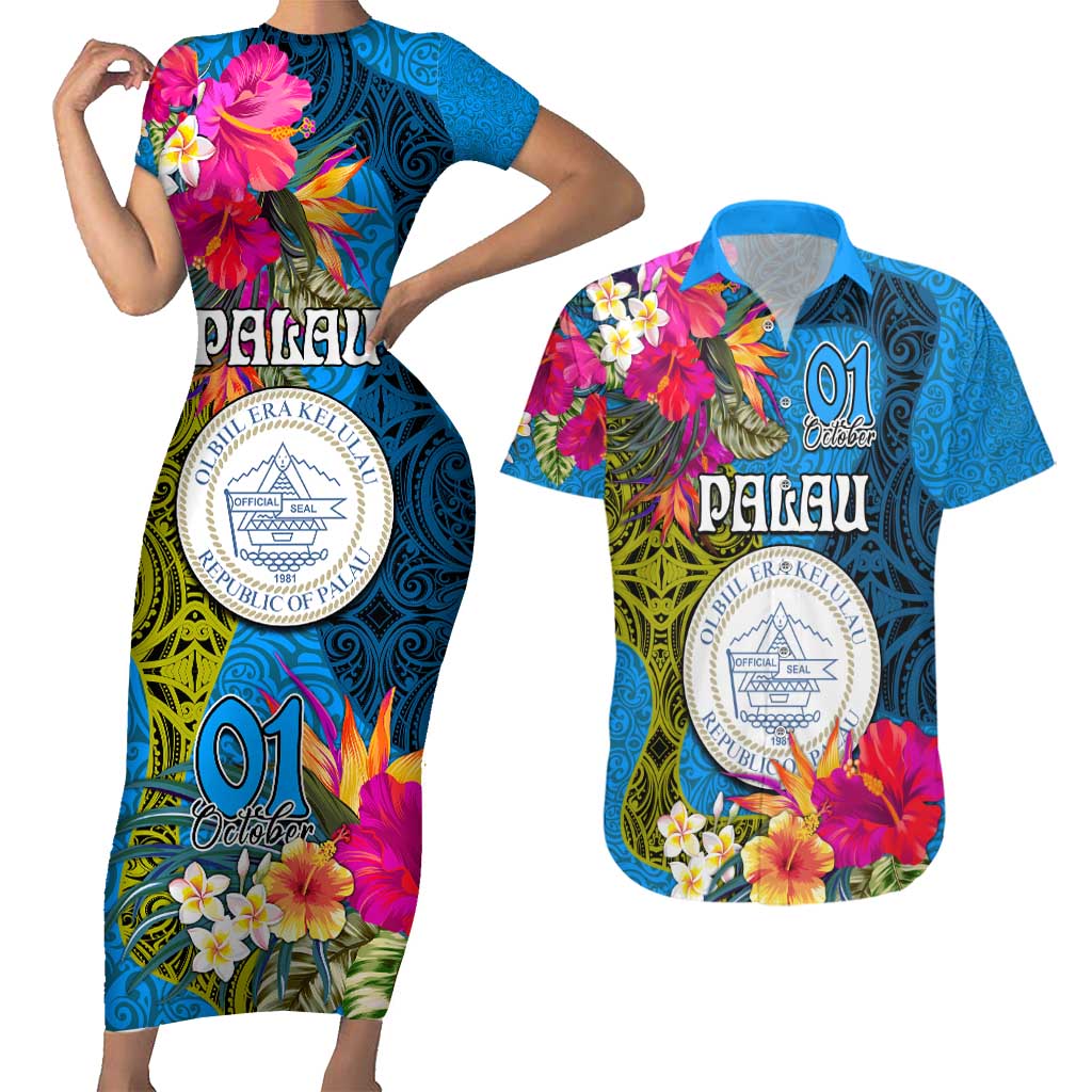 Palau Independence Day Couples Matching Short Sleeve Bodycon Dress and Hawaiian Shirt 1st October 30th Anniversary Polynesian Jungle Flower LT03 Blue - Polynesian Pride