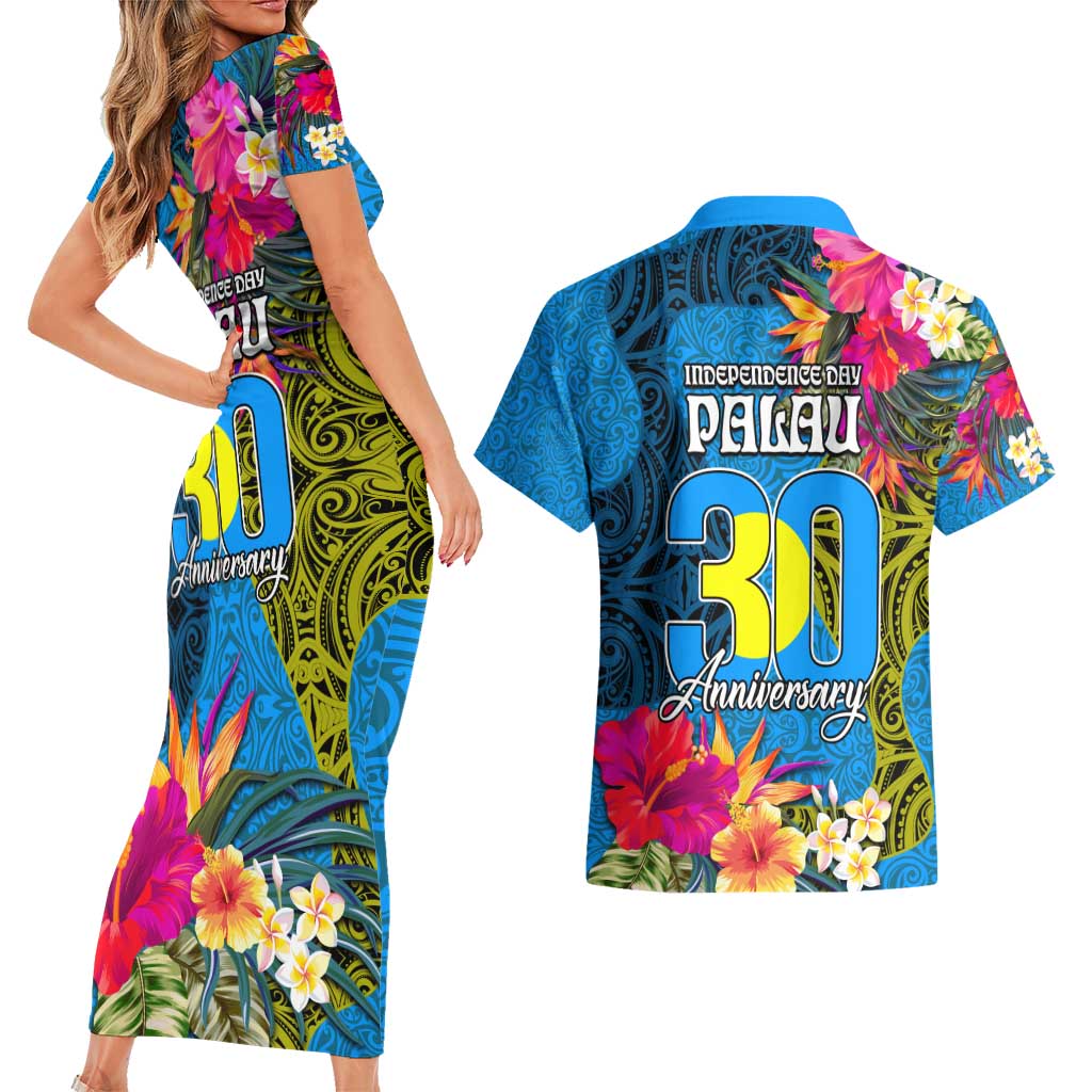 Palau Independence Day Couples Matching Short Sleeve Bodycon Dress and Hawaiian Shirt 1st October 30th Anniversary Polynesian Jungle Flower LT03 - Polynesian Pride