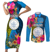 Palau Independence Day Couples Matching Short Sleeve Bodycon Dress and Long Sleeve Button Shirt 1st October 30th Anniversary Polynesian Jungle Flower LT03 Blue - Polynesian Pride