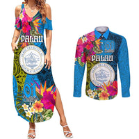 Palau Independence Day Couples Matching Summer Maxi Dress and Long Sleeve Button Shirt 1st October 30th Anniversary Polynesian Jungle Flower LT03 Blue - Polynesian Pride