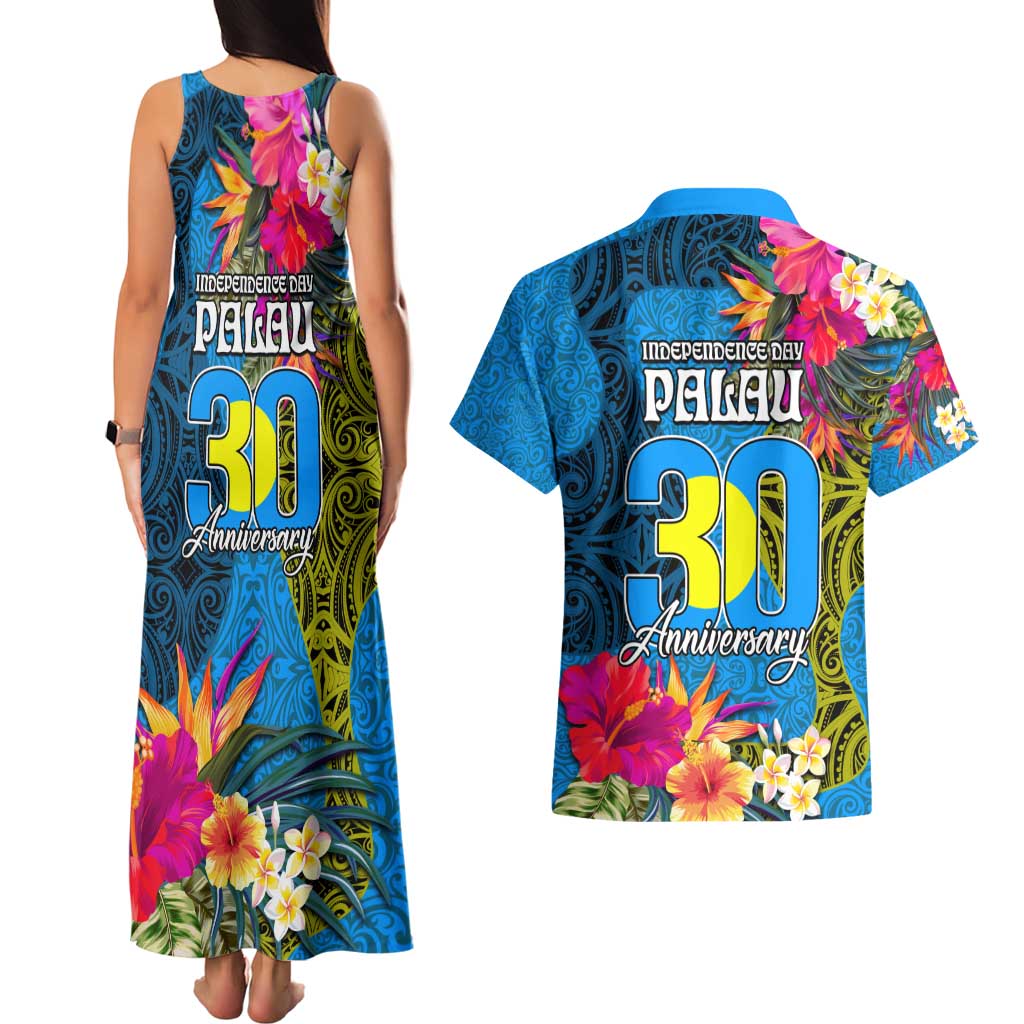 Palau Independence Day Couples Matching Tank Maxi Dress and Hawaiian Shirt 1st October 30th Anniversary Polynesian Jungle Flower LT03 - Polynesian Pride