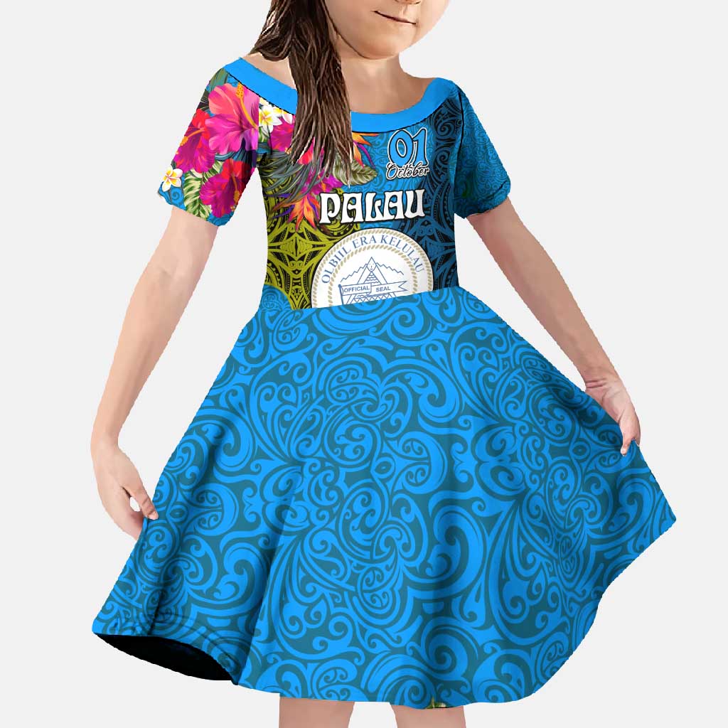 Palau Independence Day Family Matching Long Sleeve Bodycon Dress and Hawaiian Shirt 1st October 30th Anniversary Polynesian Jungle Flower LT03 Daughter's Dress Blue - Polynesian Pride