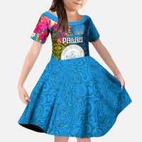 Palau Independence Day Family Matching Long Sleeve Bodycon Dress and Hawaiian Shirt 1st October 30th Anniversary Polynesian Jungle Flower LT03 Daughter's Dress Blue - Polynesian Pride
