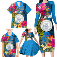 Palau Independence Day Family Matching Long Sleeve Bodycon Dress and Hawaiian Shirt 1st October 30th Anniversary Polynesian Jungle Flower LT03 - Polynesian Pride