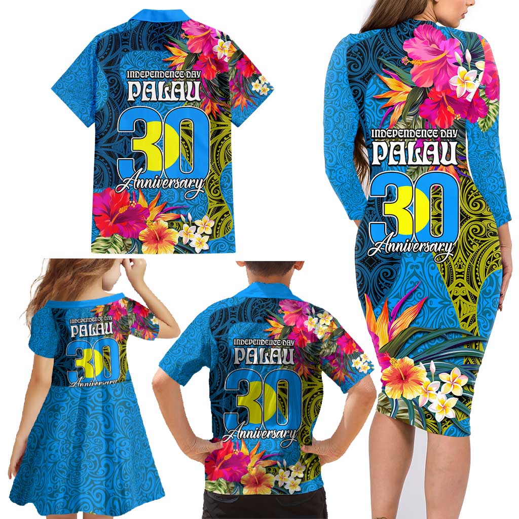 Palau Independence Day Family Matching Long Sleeve Bodycon Dress and Hawaiian Shirt 1st October 30th Anniversary Polynesian Jungle Flower LT03 - Polynesian Pride