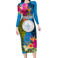 Palau Independence Day Family Matching Long Sleeve Bodycon Dress and Hawaiian Shirt 1st October 30th Anniversary Polynesian Jungle Flower LT03 Mom's Dress Blue - Polynesian Pride