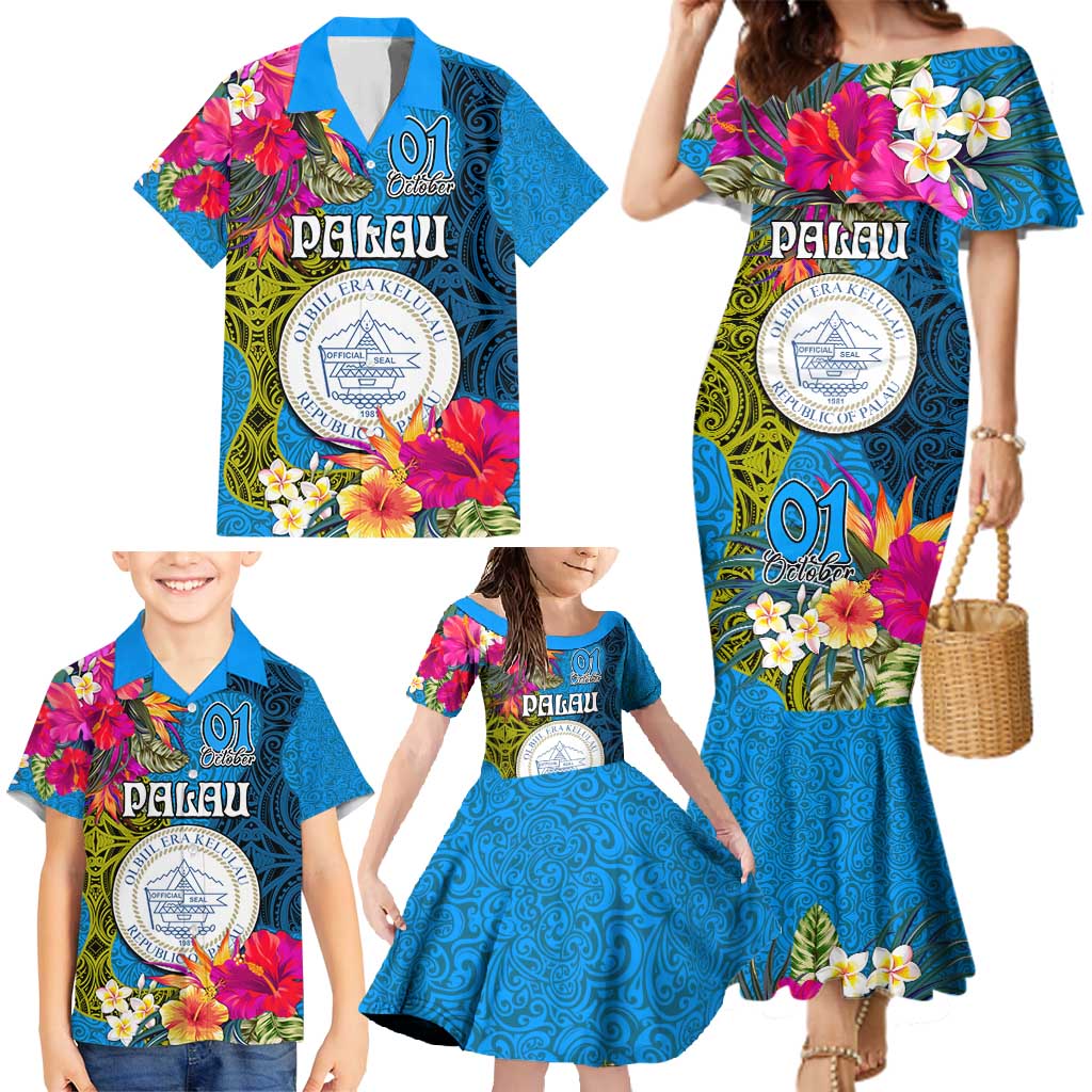 Palau Independence Day Family Matching Mermaid Dress and Hawaiian Shirt 1st October 30th Anniversary Polynesian Jungle Flower LT03 - Polynesian Pride