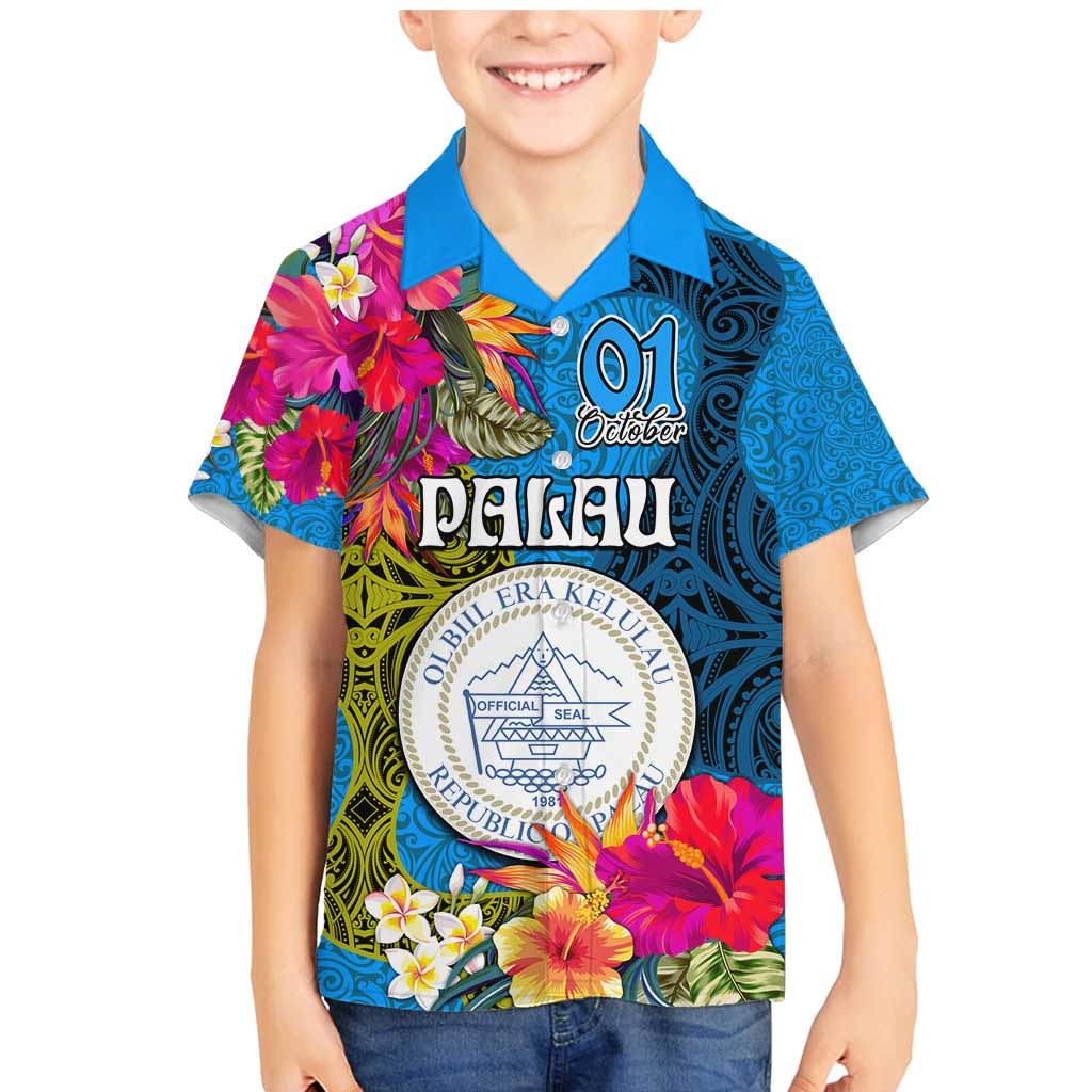 Palau Independence Day Family Matching Mermaid Dress and Hawaiian Shirt 1st October 30th Anniversary Polynesian Jungle Flower LT03 Son's Shirt Blue - Polynesian Pride