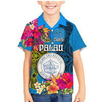 Palau Independence Day Family Matching Mermaid Dress and Hawaiian Shirt 1st October 30th Anniversary Polynesian Jungle Flower LT03 Son's Shirt Blue - Polynesian Pride