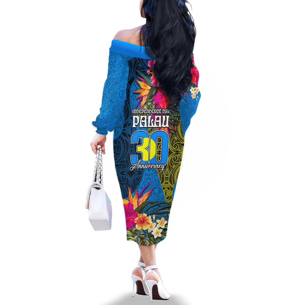 Palau Independence Day Family Matching Off The Shoulder Long Sleeve Dress and Hawaiian Shirt 1st October 30th Anniversary Polynesian Jungle Flower LT03 - Polynesian Pride