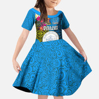 Palau Independence Day Family Matching Off Shoulder Maxi Dress and Hawaiian Shirt 1st October 30th Anniversary Polynesian Jungle Flower LT03 Daughter's Dress Blue - Polynesian Pride