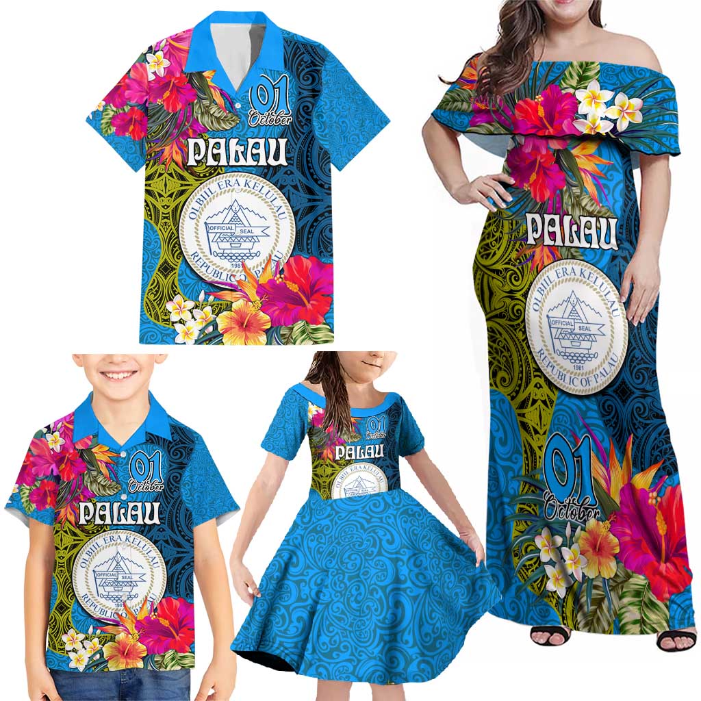 Palau Independence Day Family Matching Off Shoulder Maxi Dress and Hawaiian Shirt 1st October 30th Anniversary Polynesian Jungle Flower LT03 - Polynesian Pride