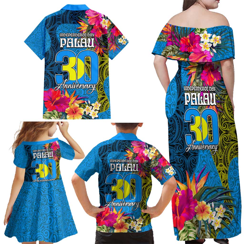 Palau Independence Day Family Matching Off Shoulder Maxi Dress and Hawaiian Shirt 1st October 30th Anniversary Polynesian Jungle Flower LT03 - Polynesian Pride