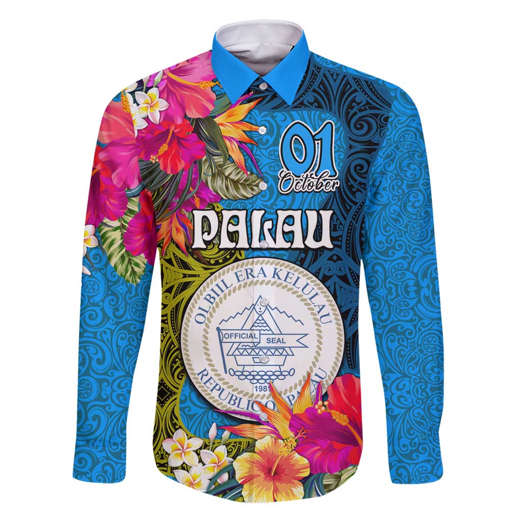 Palau Independence Day Family Matching Off Shoulder Maxi Dress and Hawaiian Shirt 1st October 30th Anniversary Polynesian Jungle Flower LT03 Dad's Shirt - Long Sleeve Blue - Polynesian Pride