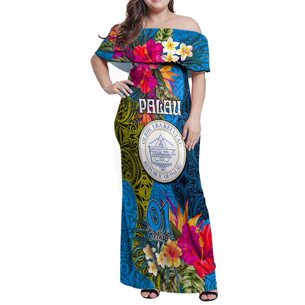 Palau Independence Day Family Matching Off Shoulder Maxi Dress and Hawaiian Shirt 1st October 30th Anniversary Polynesian Jungle Flower LT03 Mom's Dress Blue - Polynesian Pride