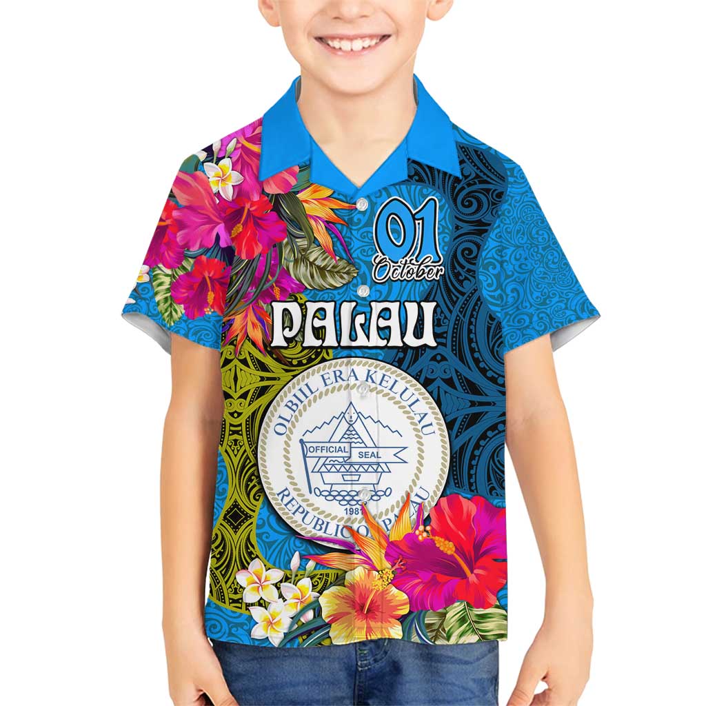 Palau Independence Day Family Matching Off Shoulder Maxi Dress and Hawaiian Shirt 1st October 30th Anniversary Polynesian Jungle Flower LT03 Son's Shirt Blue - Polynesian Pride