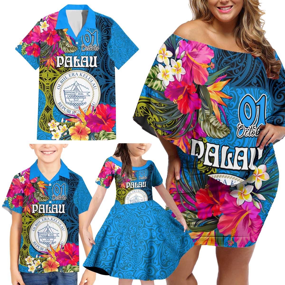 Palau Independence Day Family Matching Off Shoulder Short Dress and Hawaiian Shirt 1st October 30th Anniversary Polynesian Jungle Flower LT03 - Polynesian Pride