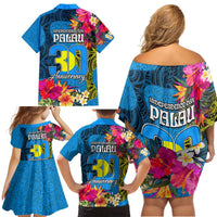 Palau Independence Day Family Matching Off Shoulder Short Dress and Hawaiian Shirt 1st October 30th Anniversary Polynesian Jungle Flower LT03 - Polynesian Pride