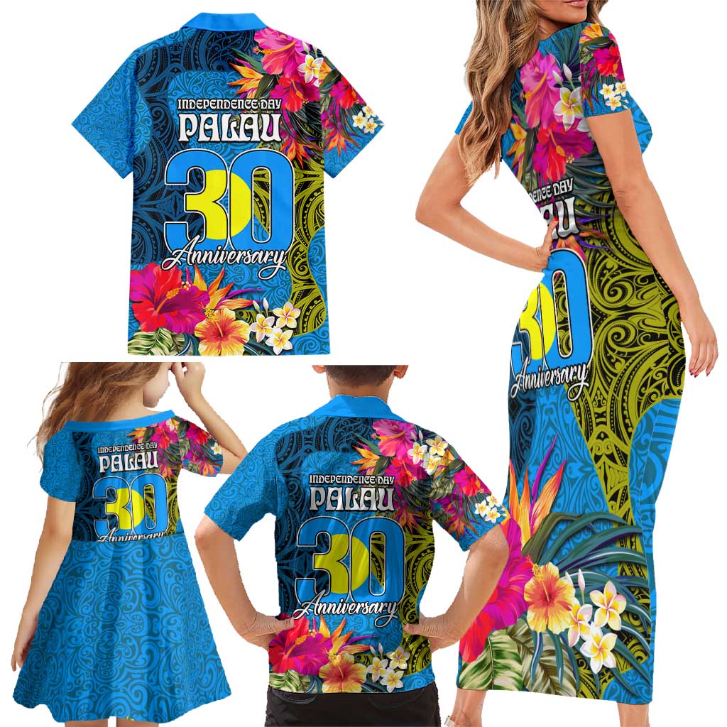 Palau Independence Day Family Matching Short Sleeve Bodycon Dress and Hawaiian Shirt 1st October 30th Anniversary Polynesian Jungle Flower LT03 - Polynesian Pride