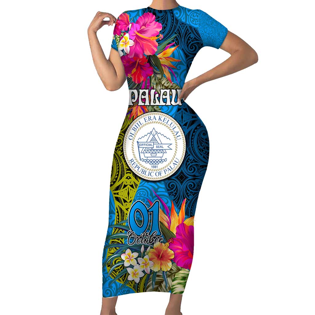 Palau Independence Day Family Matching Short Sleeve Bodycon Dress and Hawaiian Shirt 1st October 30th Anniversary Polynesian Jungle Flower LT03 Mom's Dress Blue - Polynesian Pride