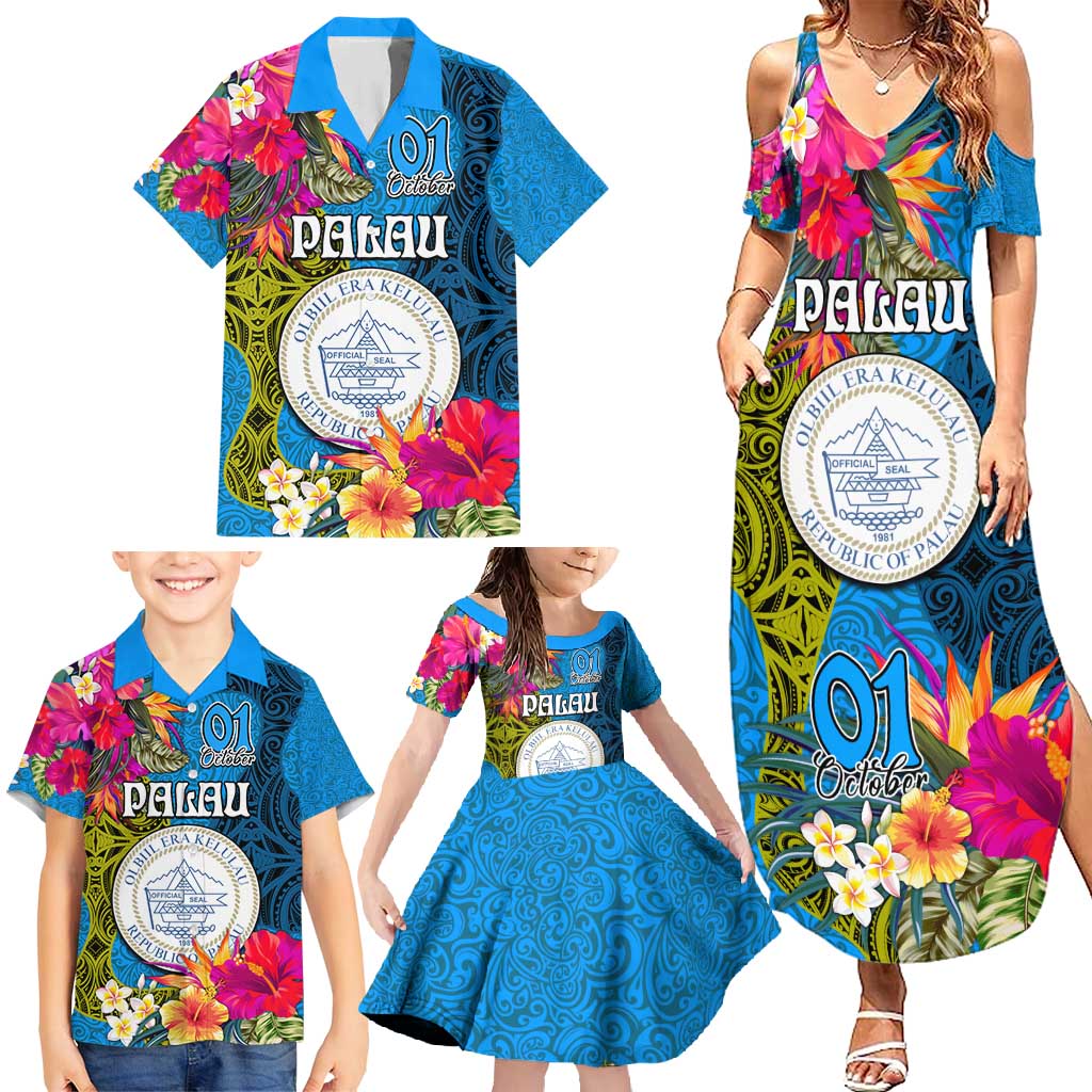 Palau Independence Day Family Matching Summer Maxi Dress and Hawaiian Shirt 1st October 30th Anniversary Polynesian Jungle Flower LT03 - Polynesian Pride