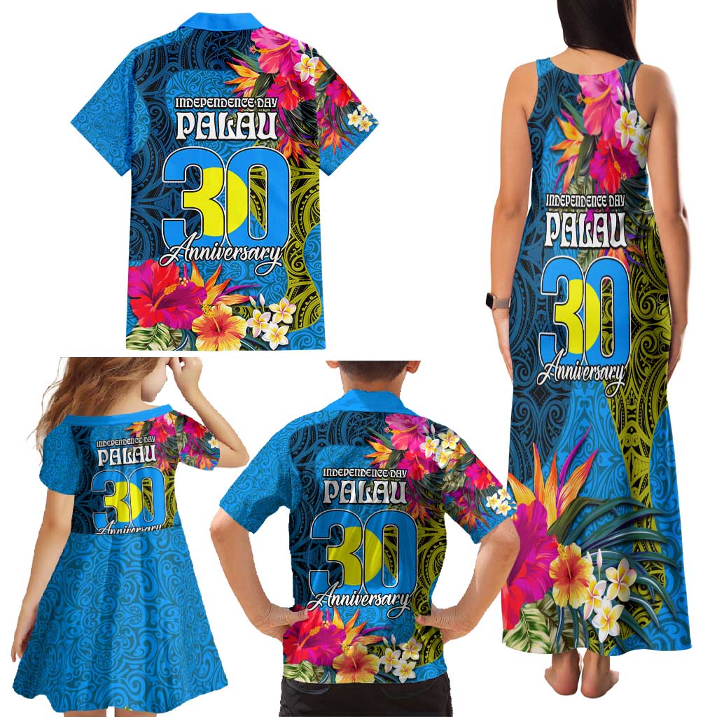 Palau Independence Day Family Matching Tank Maxi Dress and Hawaiian Shirt 1st October 30th Anniversary Polynesian Jungle Flower LT03 - Polynesian Pride