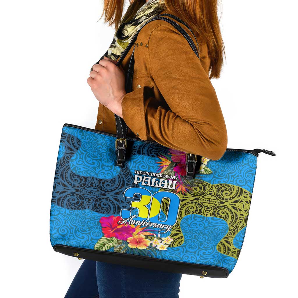 Palau Independence Day Leather Tote Bag 1st October 30th Anniversary Polynesian Jungle Flower LT03 Blue - Polynesian Pride