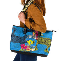 Palau Independence Day Leather Tote Bag 1st October 30th Anniversary Polynesian Jungle Flower LT03 Blue - Polynesian Pride
