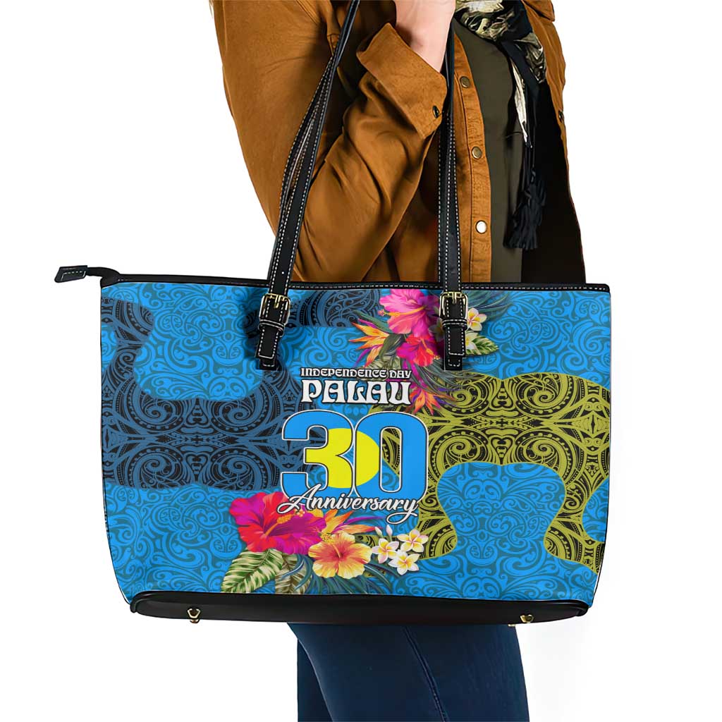 Palau Independence Day Leather Tote Bag 1st October 30th Anniversary Polynesian Jungle Flower LT03 - Polynesian Pride