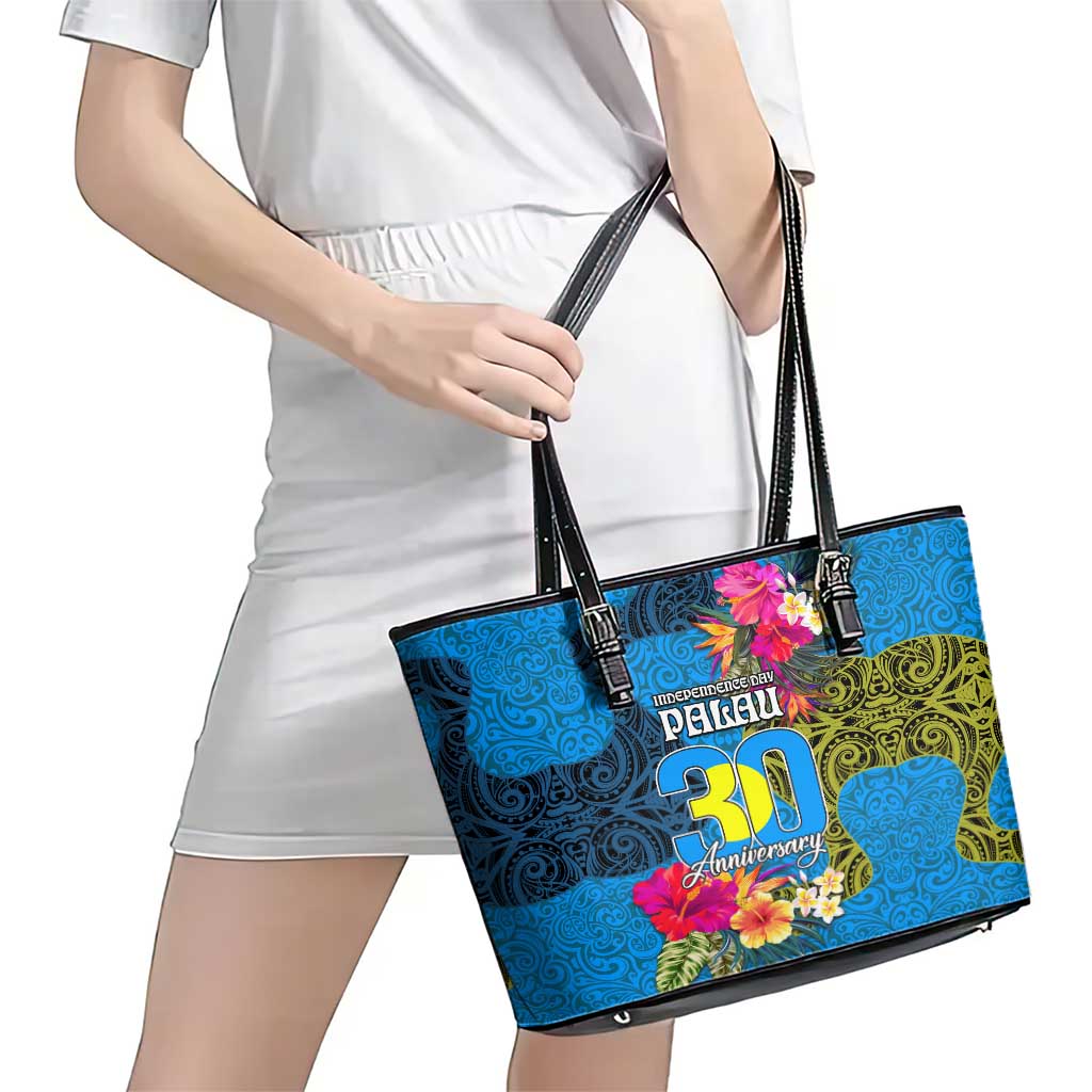 Palau Independence Day Leather Tote Bag 1st October 30th Anniversary Polynesian Jungle Flower LT03 - Polynesian Pride