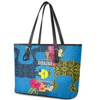 Palau Independence Day Leather Tote Bag 1st October 30th Anniversary Polynesian Jungle Flower LT03 - Polynesian Pride