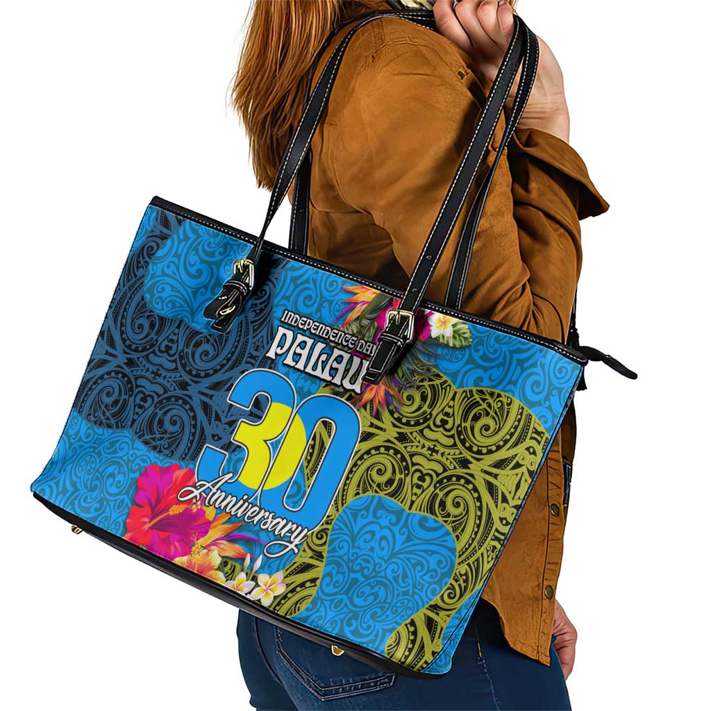Palau Independence Day Leather Tote Bag 1st October 30th Anniversary Polynesian Jungle Flower LT03 - Polynesian Pride