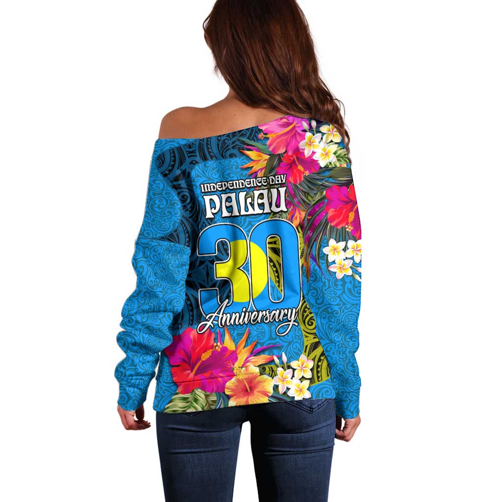 Palau Independence Day Off Shoulder Sweater 1st October 30th Anniversary Polynesian Jungle Flower