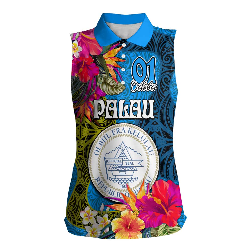 Palau Independence Day Women Sleeveless Polo Shirt 1st October 30th Anniversary Polynesian Jungle Flower LT03 Female Blue - Polynesian Pride