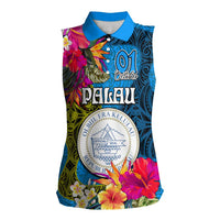 Palau Independence Day Women Sleeveless Polo Shirt 1st October 30th Anniversary Polynesian Jungle Flower LT03 Female Blue - Polynesian Pride