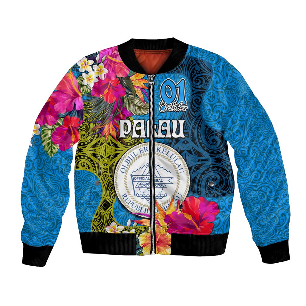 Personalised Palau Independence Day Bomber Jacket 1st October 30th Anniversary Polynesian Jungle Flower LT03 Unisex Blue - Polynesian Pride