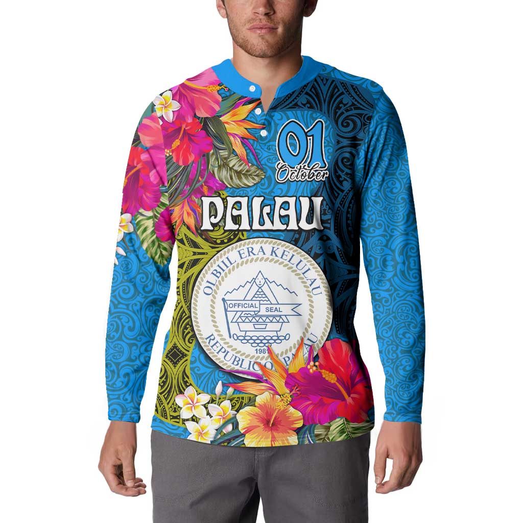 Personalised Palau Independence Day Button Sweatshirt 1st October 30th Anniversary Polynesian Jungle Flower LT03 - Polynesian Pride