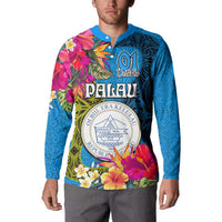 Personalised Palau Independence Day Button Sweatshirt 1st October 30th Anniversary Polynesian Jungle Flower LT03 - Polynesian Pride