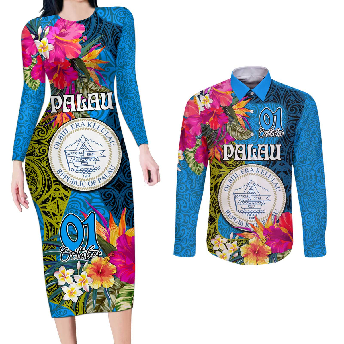 Personalised Palau Independence Day Couples Matching Long Sleeve Bodycon Dress and Long Sleeve Button Shirt 1st October 30th Anniversary Polynesian Jungle Flower LT03 Blue - Polynesian Pride