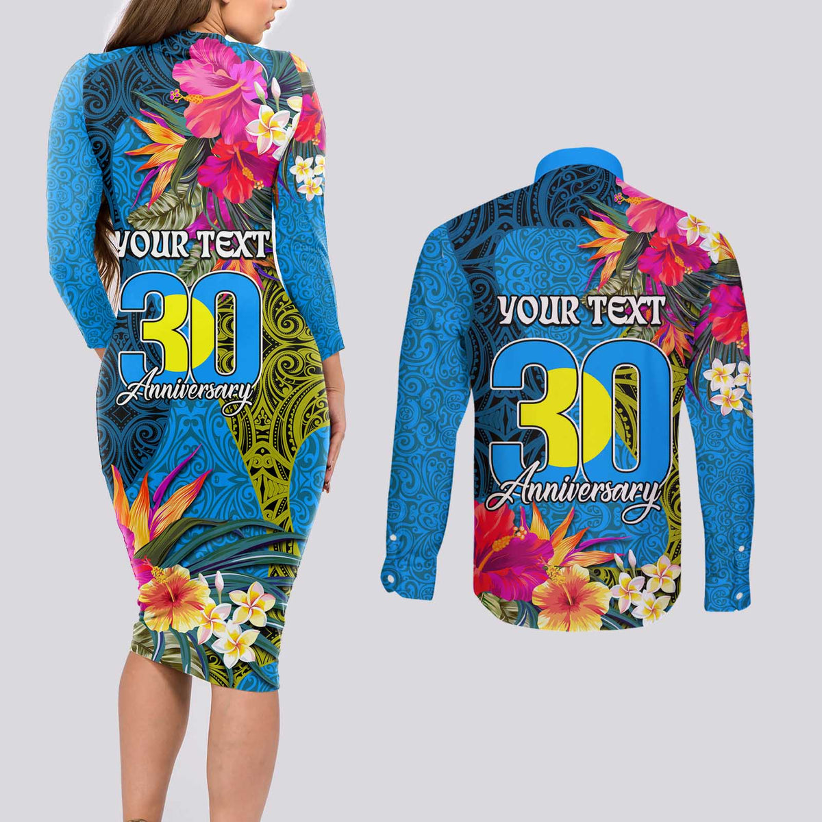 Personalised Palau Independence Day Couples Matching Long Sleeve Bodycon Dress and Long Sleeve Button Shirt 1st October 30th Anniversary Polynesian Jungle Flower LT03 - Polynesian Pride