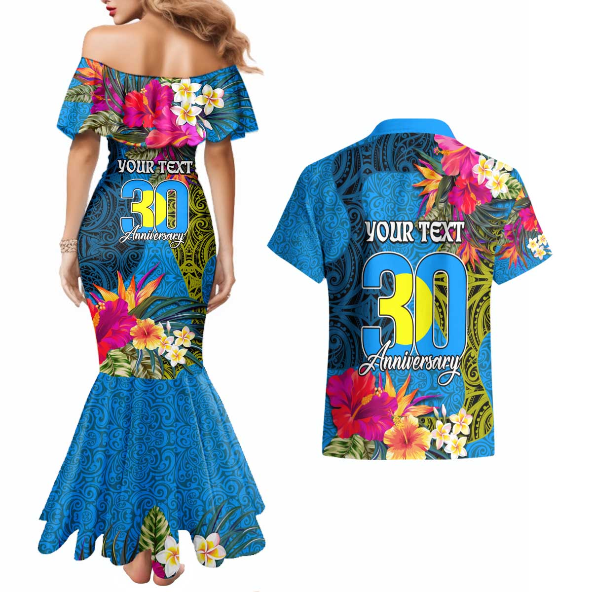 Personalised Palau Independence Day Couples Matching Mermaid Dress and Hawaiian Shirt 1st October 30th Anniversary Polynesian Jungle Flower LT03 - Polynesian Pride