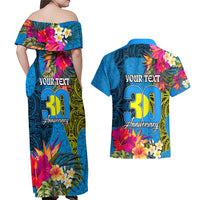 Personalised Palau Independence Day Couples Matching Off Shoulder Maxi Dress and Hawaiian Shirt 1st October 30th Anniversary Polynesian Jungle Flower LT03 - Polynesian Pride