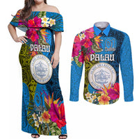 Personalised Palau Independence Day Couples Matching Off Shoulder Maxi Dress and Long Sleeve Button Shirt 1st October 30th Anniversary Polynesian Jungle Flower LT03 Blue - Polynesian Pride