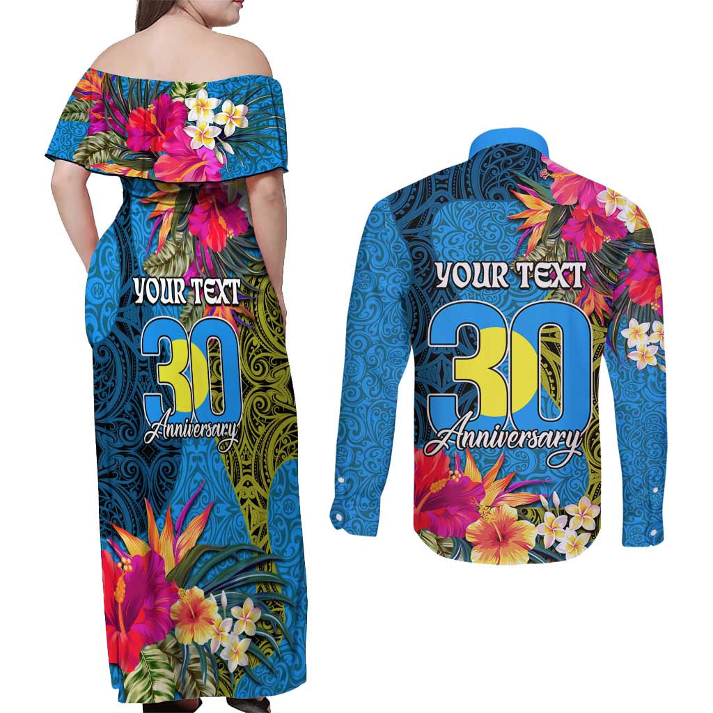 Personalised Palau Independence Day Couples Matching Off Shoulder Maxi Dress and Long Sleeve Button Shirt 1st October 30th Anniversary Polynesian Jungle Flower LT03 - Polynesian Pride