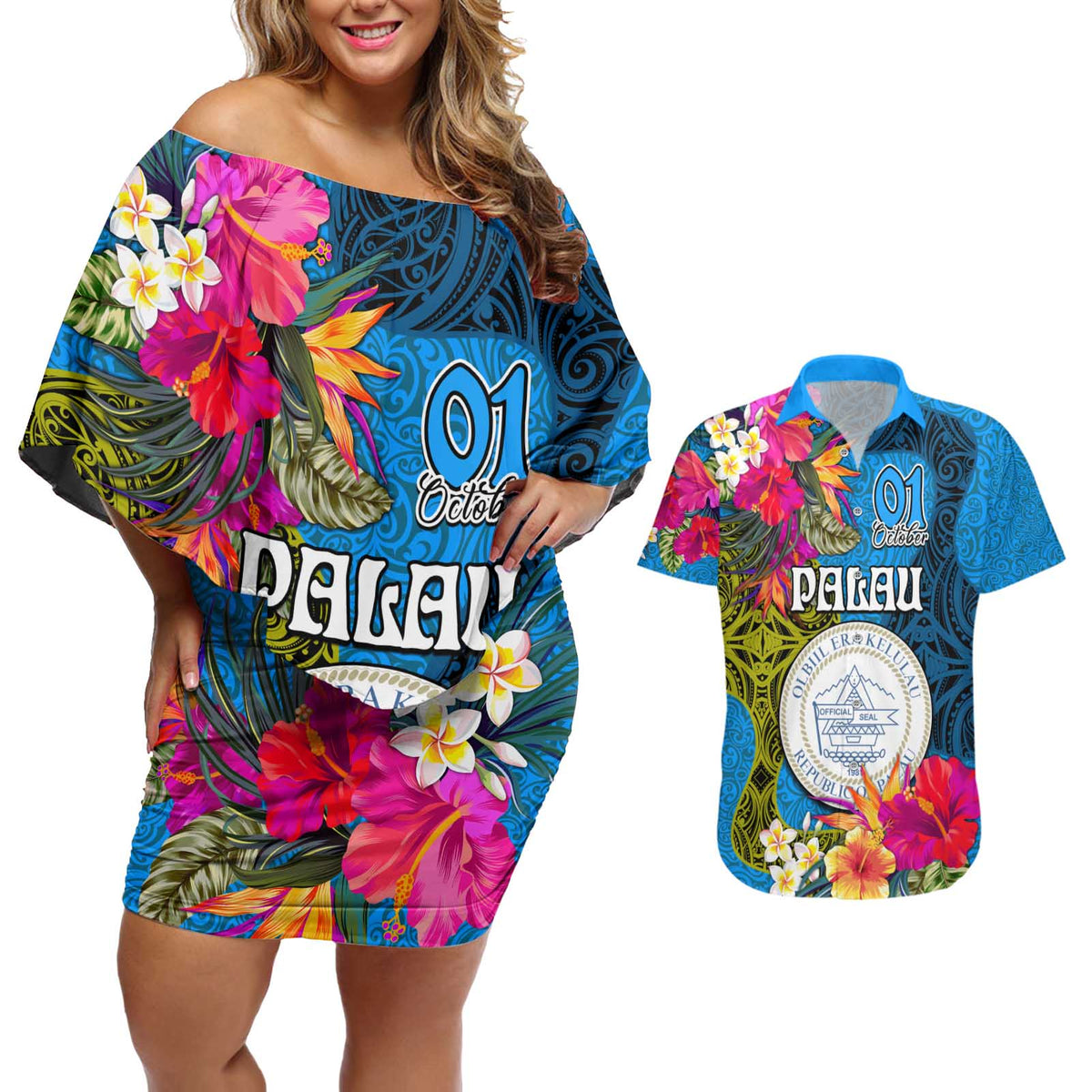 Personalised Palau Independence Day Couples Matching Off Shoulder Short Dress and Hawaiian Shirt 1st October 30th Anniversary Polynesian Jungle Flower LT03 Blue - Polynesian Pride