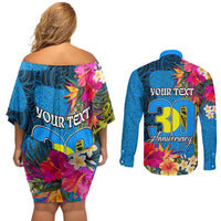 Personalised Palau Independence Day Couples Matching Off Shoulder Short Dress and Long Sleeve Button Shirt 1st October 30th Anniversary Polynesian Jungle Flower LT03 - Polynesian Pride