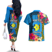 Personalised Palau Independence Day Couples Matching Off The Shoulder Long Sleeve Dress and Hawaiian Shirt 1st October 30th Anniversary Polynesian Jungle Flower LT03 - Polynesian Pride