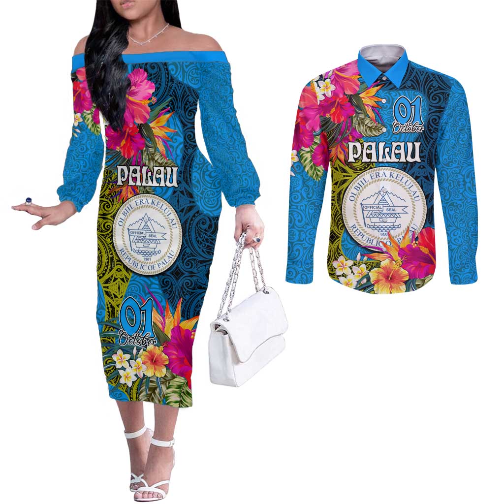 Personalised Palau Independence Day Couples Matching Off The Shoulder Long Sleeve Dress and Long Sleeve Button Shirt 1st October 30th Anniversary Polynesian Jungle Flower LT03 Blue - Polynesian Pride