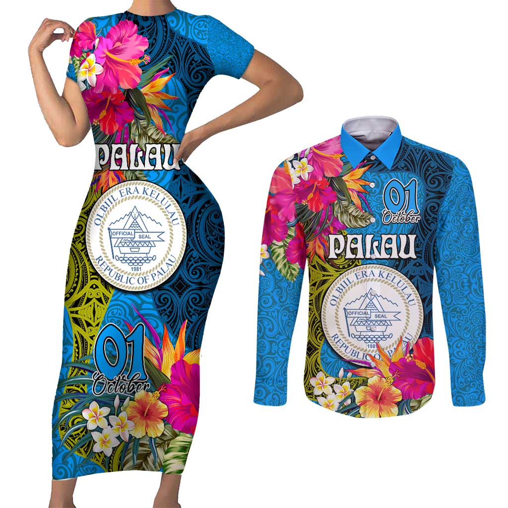 Personalised Palau Independence Day Couples Matching Short Sleeve Bodycon Dress and Long Sleeve Button Shirt 1st October 30th Anniversary Polynesian Jungle Flower LT03 Blue - Polynesian Pride
